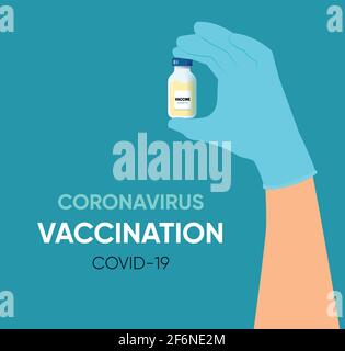 Vacctination banner. Doctor`s hand holding medicine bottle with vaccine for coronavirus. Virus protection concept. Vector illustration. Covid-19 Stock Vector